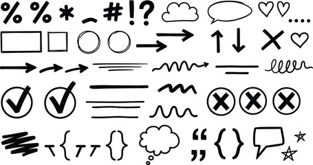 Hand drawn doodle elements symbols arrows checkmarks and speech bubbles