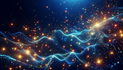 Abstract glowing blue data wave with golden light particles on dark background, futuristic digital technology energy concept.