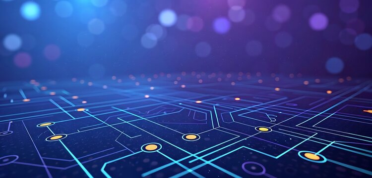 Abstract digital circuit board with glowing lines and bokeh effect