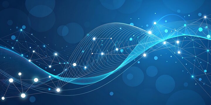 Abstract blue network of connected nodes and flowing light waves