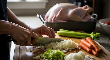 Preparing a traditional holiday meal by chopping fresh vegetables for a turkey dinner.