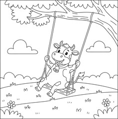 Cute Cartoon Cow on a Tree Swing in a Sunny Meadow – Fun Farm Animal Coloring Page Illustration

