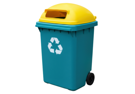 Isolated teal recycling bin with yellow lid, container for sorting garbage for recycling