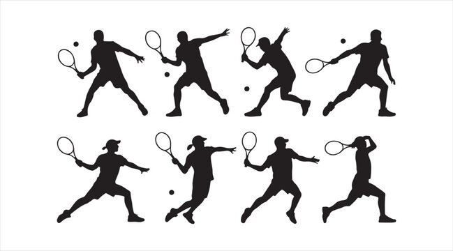 Silhouette tennis athletes demonstrating diverse strokes in a clean vector sports illustration