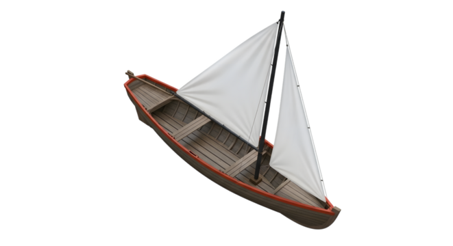 Wooden sailboat with white sails and orange trim viewed from above isolated on a transparent background