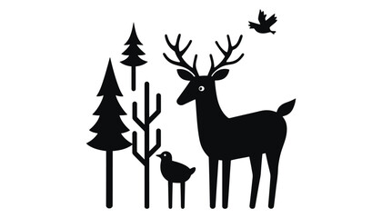 Black and white deer forest silhouette vector illustration