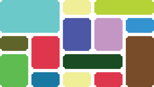 A vibrant collection of rounded rectangular shapes in various pastel and bright solid colors arranged in a dynamic playful and abstract composition against a clean white background