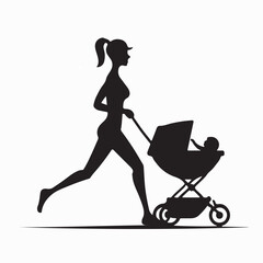 Mother Jogging with Stroller Silhouette Illustration on white background