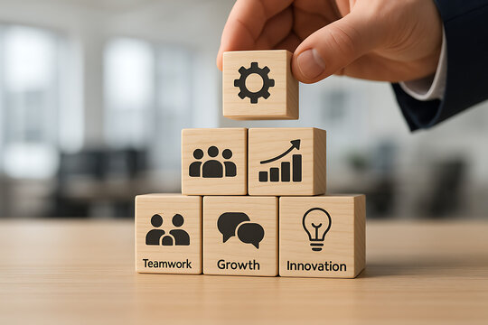 Business management concept on wooden blocks, setting up process with teamwork, growth, innovation, and idea generation, collaboration strategy, success