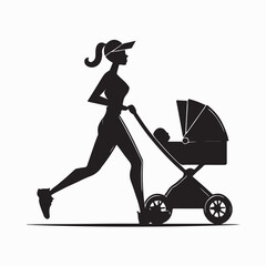 Active Woman Pushing Stroller While Jogging Silhouette on white background