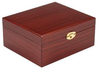 Isolated polished mahogany wooden box with golden clasp, traditional jewelry storage case