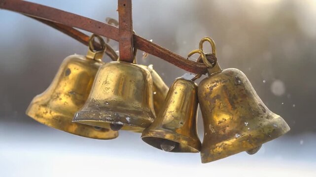 Rustic Golden Sleigh Bells Hanging in Winter Snow with Beautiful Cinematic Backlighting and Shallow Depth of Field