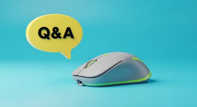 Computer mouse with q&a speech bubble on a blue background render