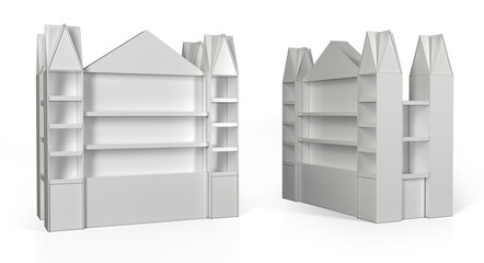 Retail cardboard castle-shaped POS display stands. Trade show booth. 3d illustration on white background