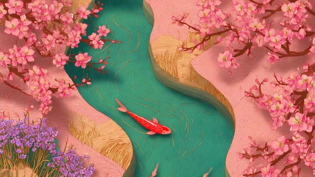 Elegant cherry blossoms and koi fish drifting through a tranquil stylized river landscape, forming a serene decorative vector animation for springtime visual projects.