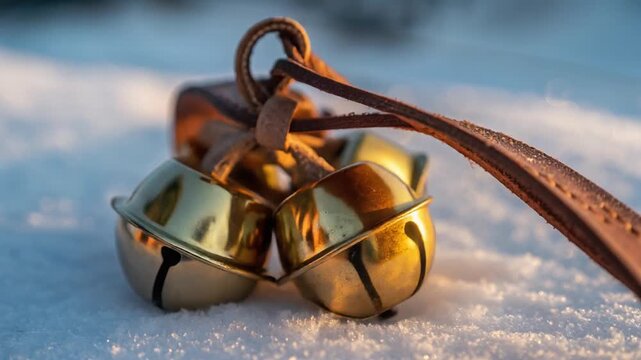 Close-up of gold sleigh jingle bells resting on fresh white snow, sparkling in warm sunset light, evoking winter holiday nostalgia and tradition.