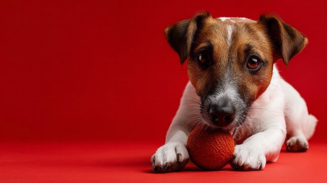 Jack Russell terrier cradles vibrant orange ball on blazing red, evoking playful Dog Day festivity with curious intent