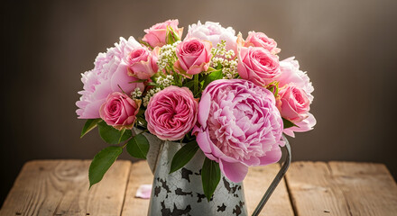 Soft Pink Bouquet in Rustic Cup Vase — Romantic Floral Still Life Photography