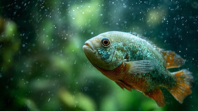 Sapphire-tinged fish glides in aquatic ballet, echoing serenity of World Water Day, piscatorial poetry under bubbling cosmos