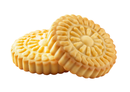 Two round yellow cookies with sun pattern isolated on a transparent background