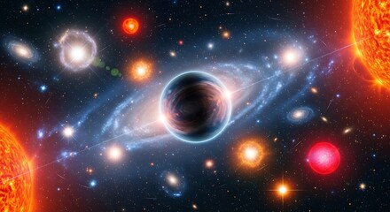 A celestial masterpiece depicting a planetary system amidst fiery suns and distant galaxies, illustrating cosmic consequences and creation