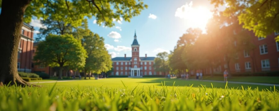 Sunny day at college campus with green grass field near red brick building. Trees with green leaves, blurred background. Beautiful nature view of university. Learning, education concept with campus