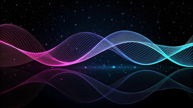 Abstract wave pattern with vibrant glowing neon colors and reflections