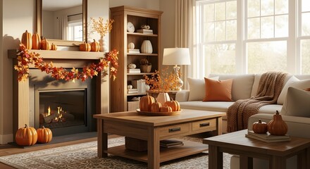 A cozy living room decorated for autumn with a fireplace, pumpkins, and warm sunlight streaming through a window.