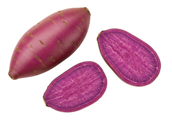 Isolated Purple Sweet Potato Composition. One whole potato and two potato halves displayed.