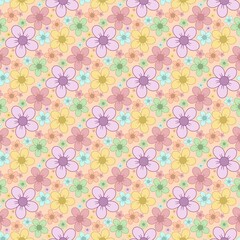 Seamless Pattern Pastel Flowers on Yellow Background