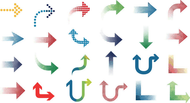 Collection of colorful halftone arrow illustrations on white background