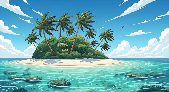  A charming, cartoon-style illustration of a small, deserted tropical island covered in lush greenery and palm trees. The island is surrounded by clear turquoise water with visible coral reefs.