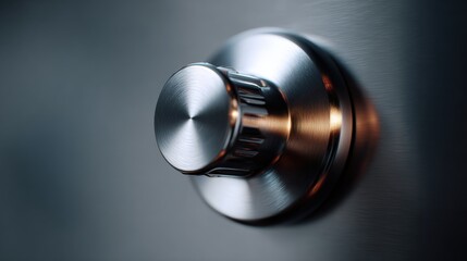 Close-up of a round knob on a door. the knob is made of metal and has a shiny, metallic finish. it has a cylindrical shape with a pointed top and a small knob in the center.