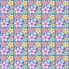 Seamless Pattern Pastel Flowers on Blue Background