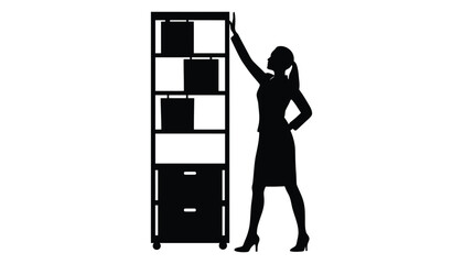Silhouette woman reaching for files on office storage cabinet