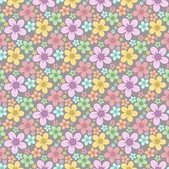 Seamless Pattern Pastel Flowers on Grey Background