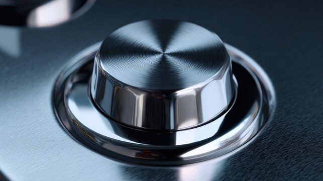Close-up of a round, metallic knob on a black surface. the knob appears to be made of stainless steel and has a shiny, reflective surface.