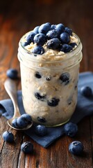 Delicious Overnight Oats with Fresh Blueberries in a Mason Jar, Rustic Setting.