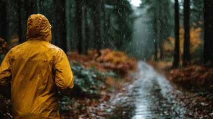Fototapeta premium Rain-soaked forest path adventurer in yellow raincoat, embracing Hygge, autumnal equinox whispers, Nordic serenity, Caucasian male explorer