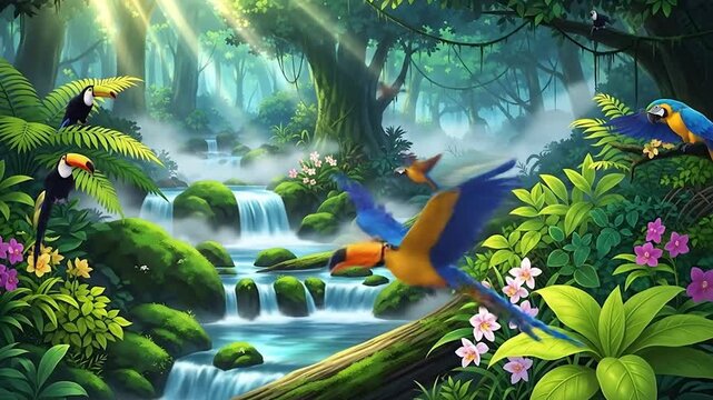 Tropical Paradise Vivid Jungle Scene with Birds and Waterfalls