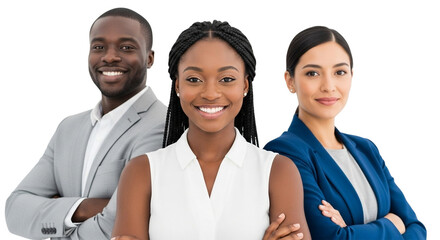 Three diverse business professionals, two women and one man, smiling and standing with arms crossed isolated on transparent background