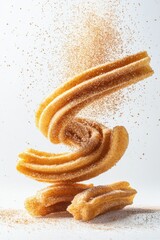 churros flying with cinnamon sugar dust, isolated on white background
