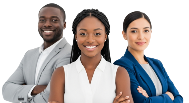 Three diverse business professionals, two women and one man, smiling and standing with arms crossed isolated on transparent background