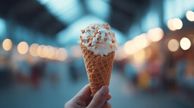 Hand gripping peanut-studded ice cream cone captures twilight bazaar whimsy, evoking Gelato Day delight and summer night reverie