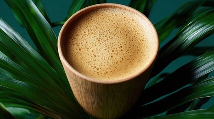 Close-up of a bamboo cup filled with a frothy drink. the cup is placed on a bed of green leaves, creating a natural and organic background.