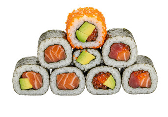 Isolated sushi rolls, Japanese traditional food, set with salmon, tuna and avocado filling © Michal