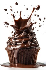 chocolate lava cake flying with melted chocolate splash, isolated on white background