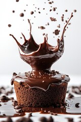 chocolate lava cake flying with melted chocolate splash, isolated on white background