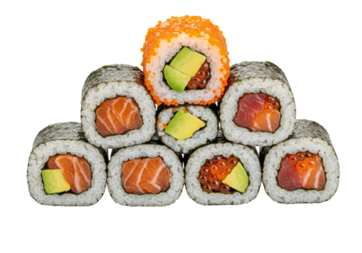 Isolated sushi rolls, Japanese traditional food, set with salmon, tuna and avocado filling