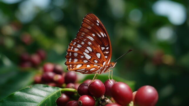Close-up of a butterfly resting on a cluster of red berries. the butterfly has a brown body with white spots on its wings and antennae.